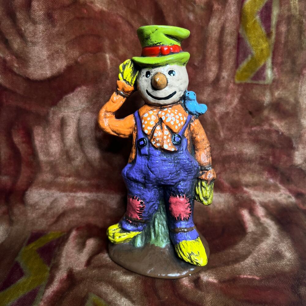 Vintage 80s Hand Painted Ceramic Scarecrow Figurine Autumn Fall Halloween Decor